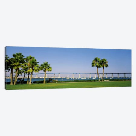 Palm trees on the coast with bridge in the background, Coronado Bay Bridge, San Diego, San Diego County, California, USA Canvas Print #PIM1538} by Panoramic Images Art Print