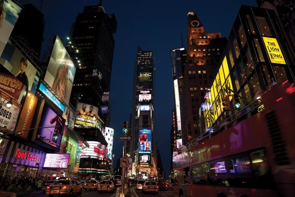Manhattan: Buildings in a city lit up at dusk, Times Square, Manhattan, New York City, New York State, USA by Panoramic Images