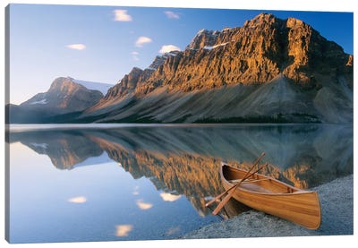 Canoe at the lakeside, Bow Lake, Alberta, Canada Canvas Art Print
