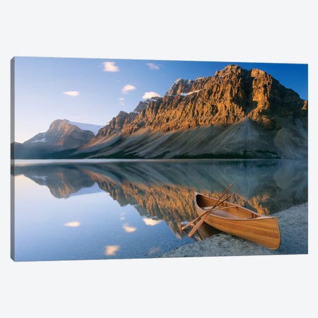 Canoe at the lakeside, Bow Lake, Alberta, Canada Canvas Print #PIM15397} by Panoramic Images Canvas Art Print