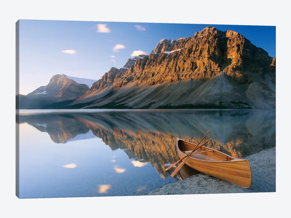 Canoe at the lakeside, Bow Lake, Alberta, Canada by Panoramic Images 1-piece Canvas Art