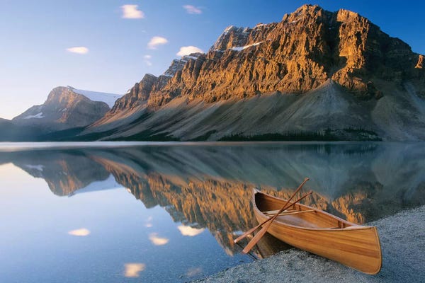 Alberta: Canoe at the lakeside, Bow Lake, Alberta, Canada by Panoramic Images