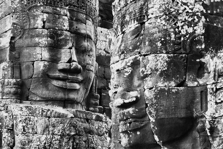 Carved stone faces in the Khmer temple of Bayon, Siem Reap, Cambodia