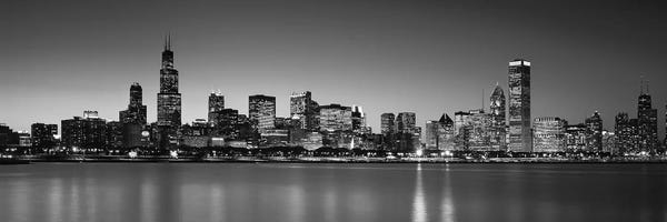 Chicago: Dusk, Skyline, Chicago, Illinois, USA BW Black and White by Panoramic Images