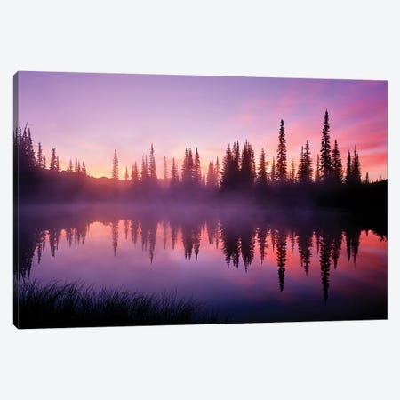 Fir trees reflect in Reflection Lake at sunrise, Mt. Rainier National Park, Washington, USA Canvas Print #PIM15483} by Panoramic Images Canvas Art
