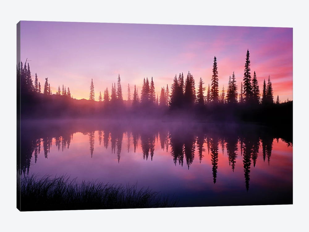 Fir trees reflect in Reflection Lake at sunrise, Mt. Rainier National Park, Washington, USA by Panoramic Images 1-piece Canvas Artwork