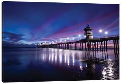 Huntington Beach Pier at dusk, California, USA Canvas Art Print - Nautical Scenic Photography