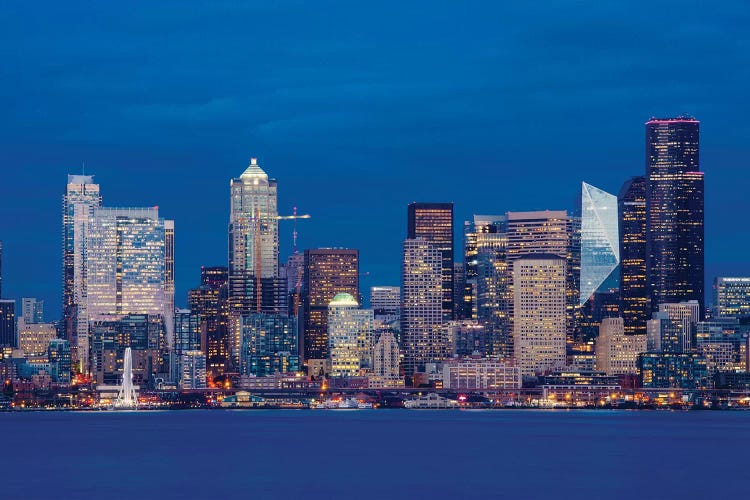 Illuminated city at night, Seattle, Washington, USA