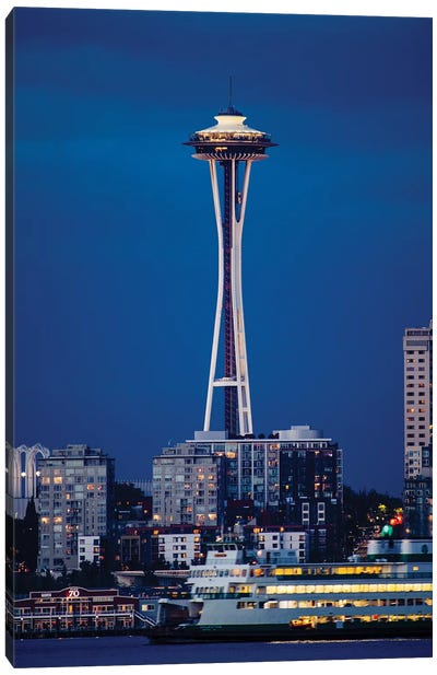 Illuminated city at night, Seattle, Washington, USA Canvas Art Print - Space Needle
