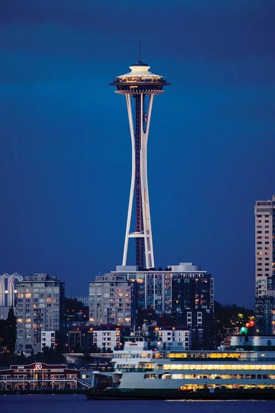 Space Needle: Illuminated city at night, Seattle, Washington, USA by Panoramic Images