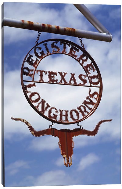 Low angle view of a longhorn registered sign hanging on a pole, Texas, USA Canvas Art Print - Western Décor