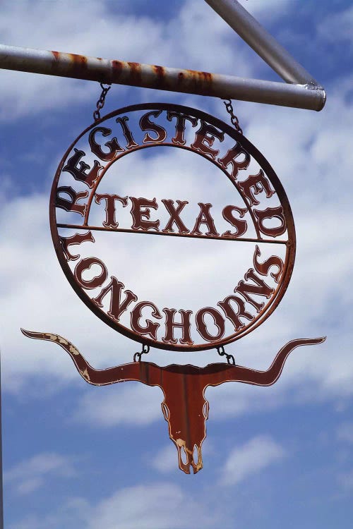 Low angle view of a longhorn registered sign hanging on a pole, Texas, USA