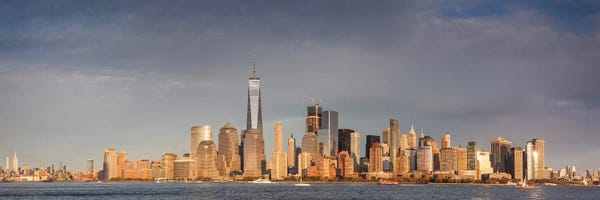 Manhattan: Lower Manhattan skyline with Freedom Tower from New Jersey at dusk, Manhattan, New York City, New York State, USA by Panoramic Images