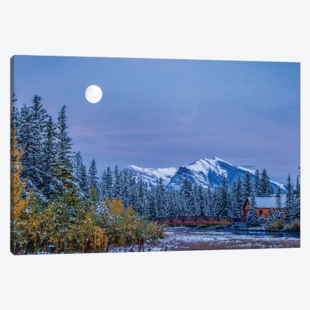 Moon over Pigeon Mountain and log cabin in forest and bridge near Policemans Creek, Canmore, Alberta, Canada Canvas Print #PIM15598} by Panoramic Images Canvas Artwork