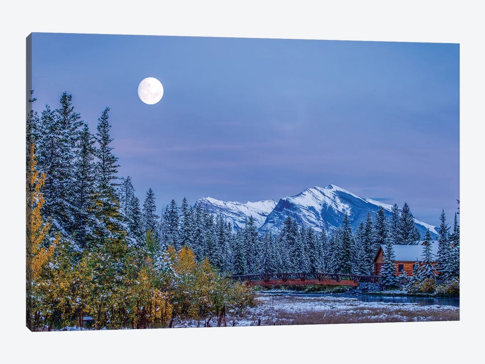 Moon over Pigeon Mountain and log cabin in forest and bridge near Policemans Creek, Canmore, Alberta, Canada by Panoramic Images 1-piece Art Print