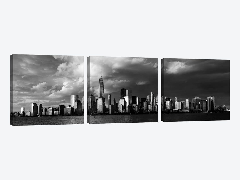 New York City Spectacular Sunset fin black and white focuses on One World Trade Tower, Freedom Tower, NY by Panoramic Images 3-piece Canvas Wall Art