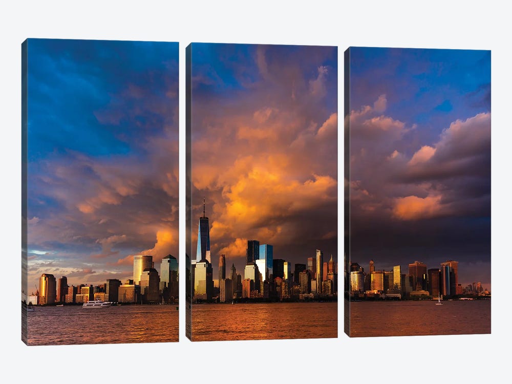 New York City Spectacular Sunset focuses on One World Trade Tower, Freedom Tower, NY by Panoramic Images 3-piece Art Print