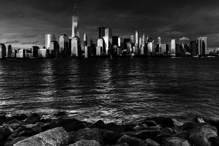 New York City Spectacular Sunset in black and white focuses on One World Trade Tower, Freedom Tower, NY