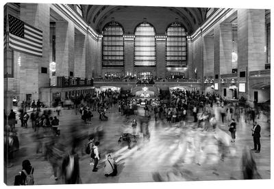 New York, New York, USA - Passengers walking in great hall of Grand Central Station in black and white Canvas Art Print - Interiors
