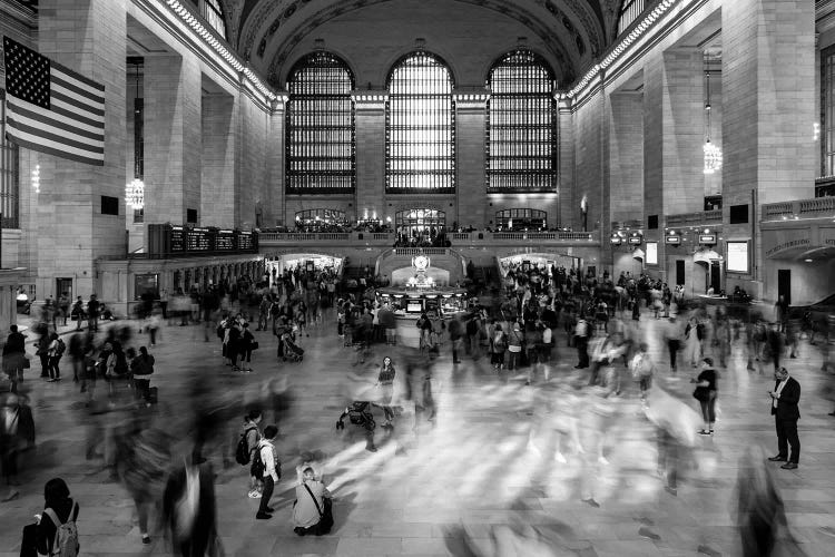 New York, New York, USA - Passengers walking in great hall of Grand Central Station in black and white