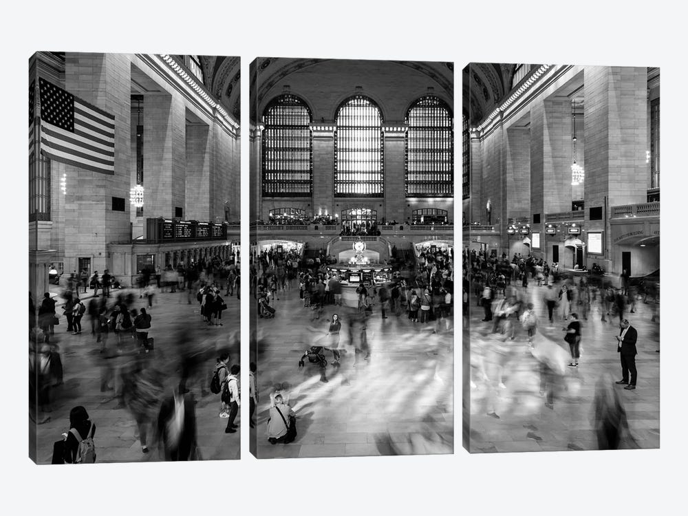 New York, New York, USA - Passengers walking in great hall of Grand Central Station in black and white by Panoramic Images 3-piece Canvas Art Print