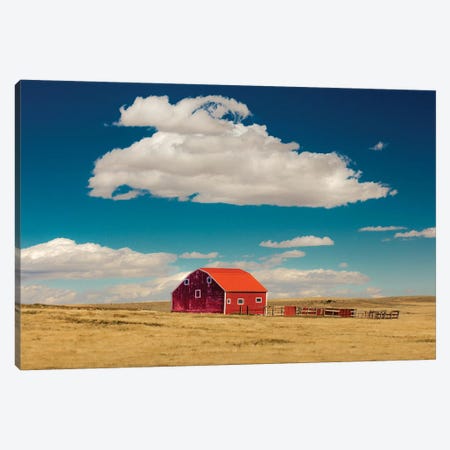 Oklahoma, USA Red barn in field with puffy clouds in remote Oklahoma Canvas Print #PIM15618} by Panoramic Images Art Print