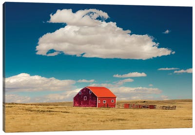 Oklahoma, USA Red barn in field with puffy clouds in remote Oklahoma Canvas Art Print - Oklahoma Art