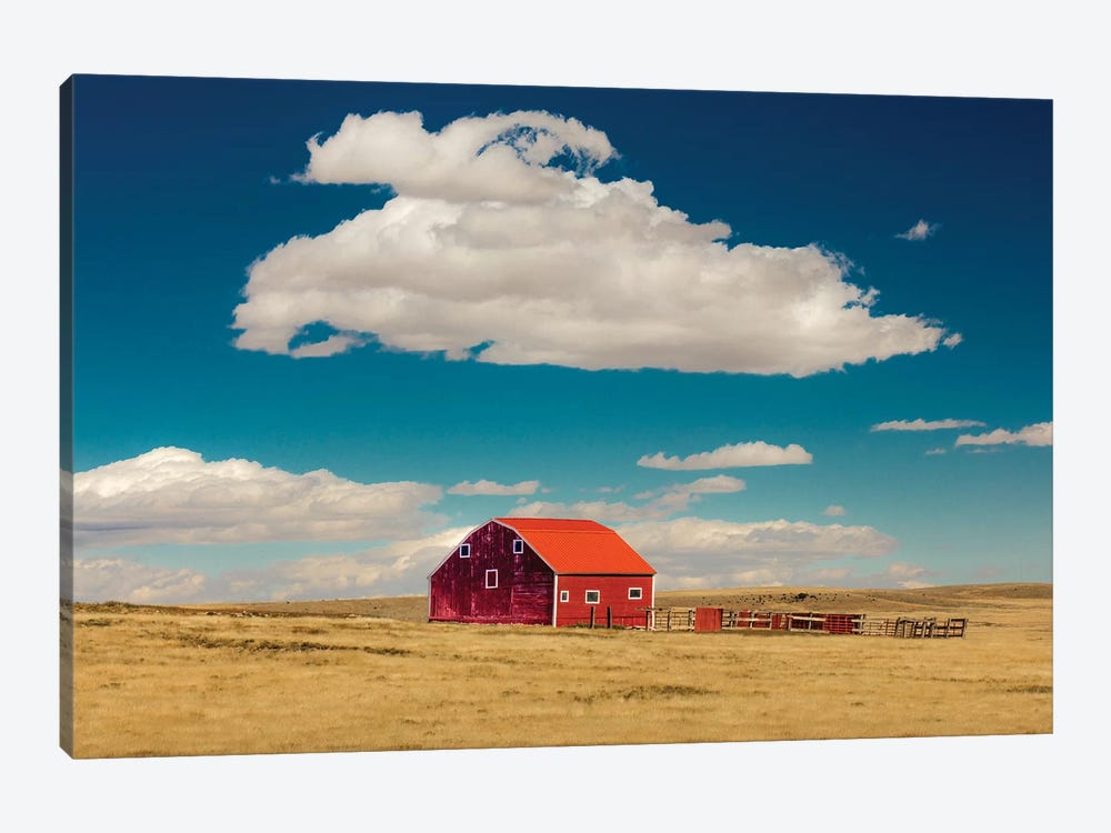 Oklahoma, USA Red barn in field with puffy clouds in remote Oklahoma by Panoramic Images 1-piece Canvas Art Print