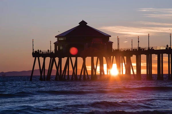 Huntington Beach: Pier in the Pacific Ocean at dusk, Huntington Beach Pier, Huntington Beach, California, USA by Panoramic Images