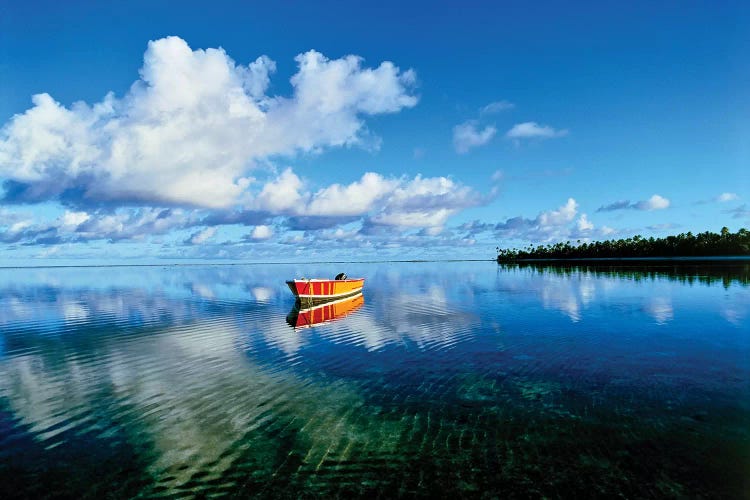 Reflection of clouds and boat on water, Tetiaroa, Tahiti, Society Islands, French Polynesia