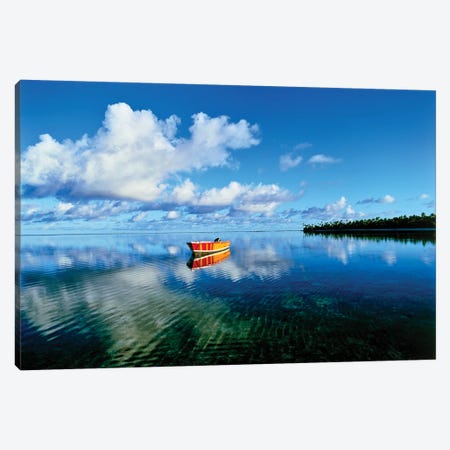 Reflection of clouds and boat on water, Tetiaroa, Tahiti, Society Islands, French Polynesia Canvas Print #PIM15683} by Panoramic Images Canvas Wall Art