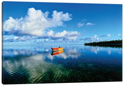 Reflection of clouds and boat on water, Tetiaroa, Tahiti, Society Islands, French Polynesia Canvas Art Print