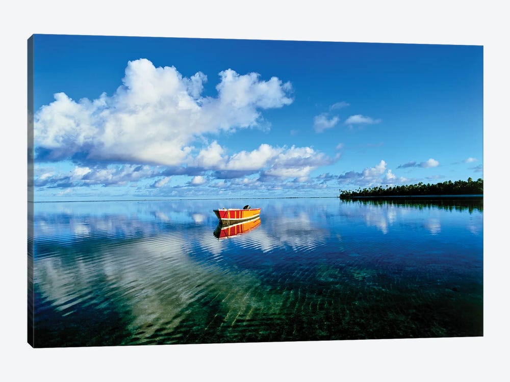 Reflection of clouds and boat on water, Tetiaroa, Tahiti, Society Islands, French Polynesia by Panoramic Images 1-piece Art Print