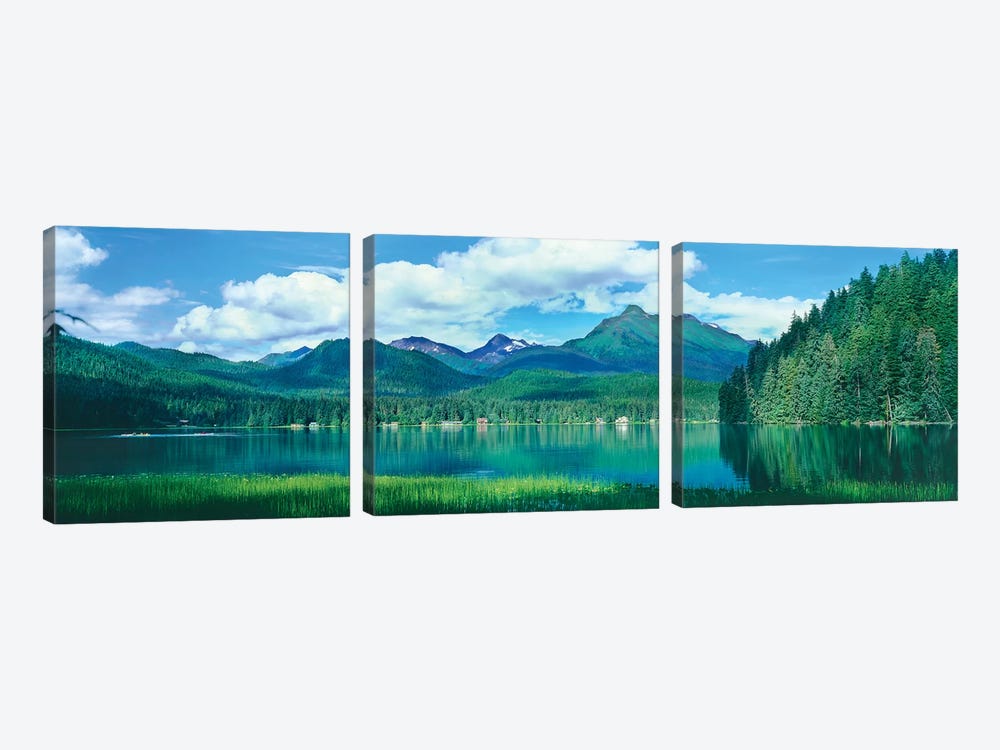 Reflection of trees in lake, Juneau Lake, Alaska, USA by Panoramic Images 3-piece Canvas Print