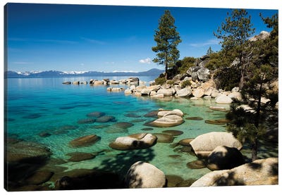 Rocks in a lake with mountain range in the background, Lake Tahoe, California, USA Canvas Art Print - Lake Art