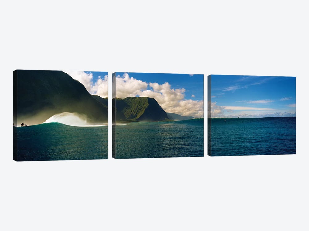 Rolling waves with mountains in the background, Molokai, Hawaii by Panoramic Images 3-piece Art Print