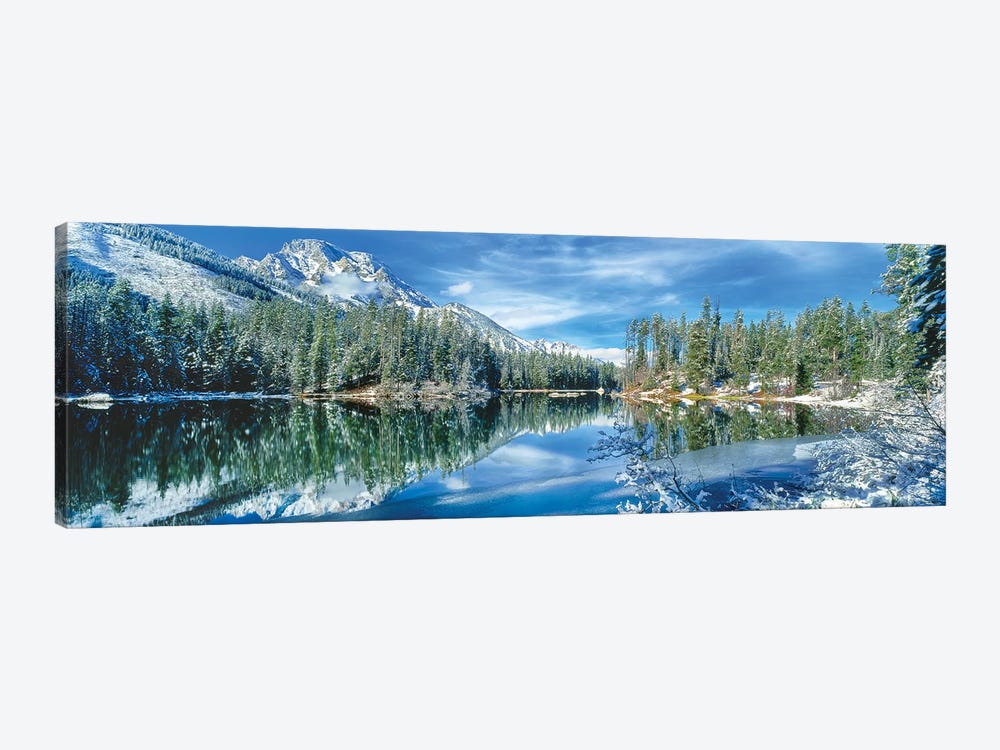 Snow covered mountain and trees reflected in lake, Grand Tetons, Wyoming, USA by Panoramic Images 1-piece Canvas Art