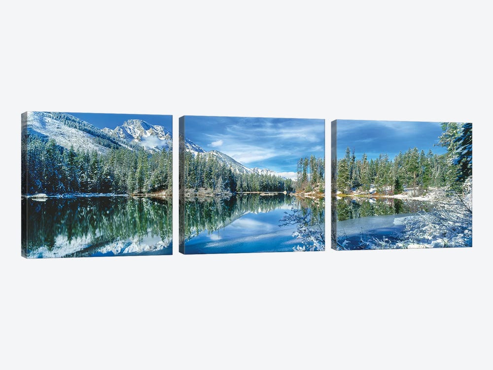 Snow covered mountain and trees reflected in lake, Grand Tetons, Wyoming, USA by Panoramic Images 3-piece Canvas Art