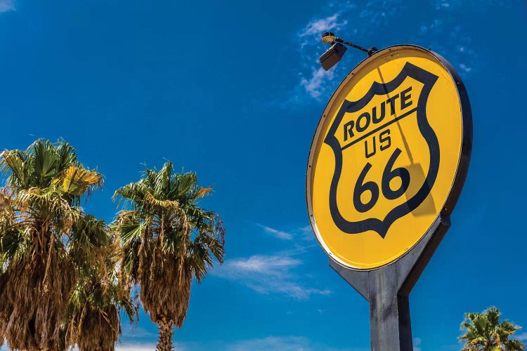 Yellow sign signifies Route US 66 - Nostalgia in middle of California Desert