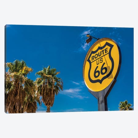 Yellow sign signifies Route US 66 - Nostalgia in middle of California Desert Canvas Print #PIM15755} by Panoramic Images Art Print