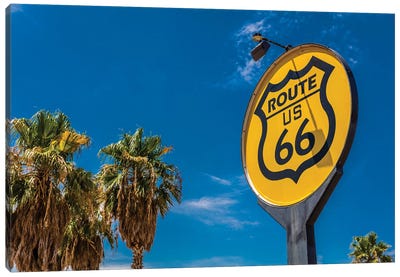 Yellow sign signifies Route US 66 - Nostalgia in middle of California Desert Canvas Art Print - Route 66
