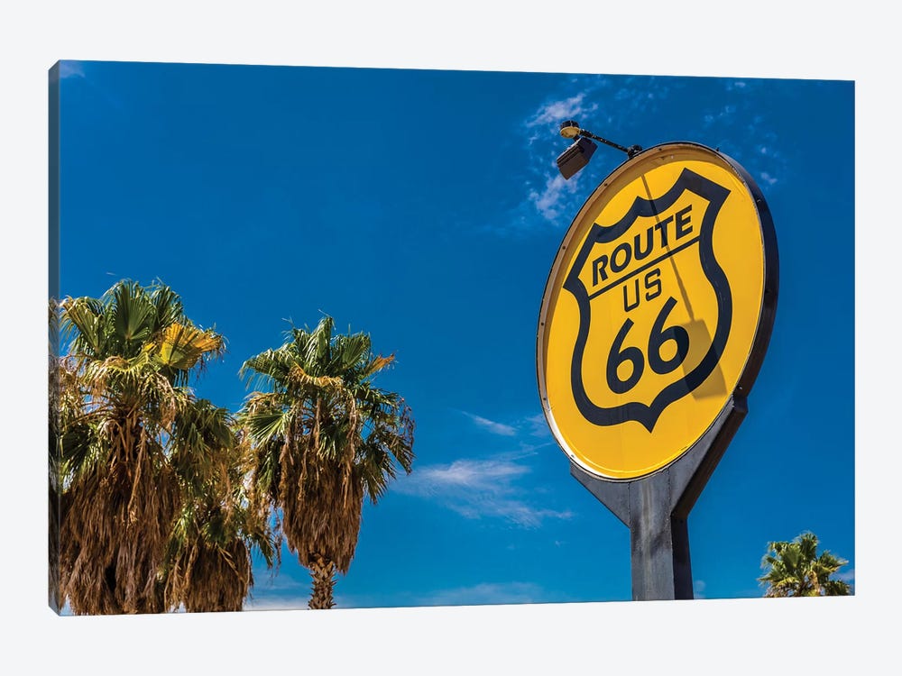 Yellow sign signifies Route US 66 - Nostalgia in middle of California Desert by Panoramic Images 1-piece Canvas Art Print
