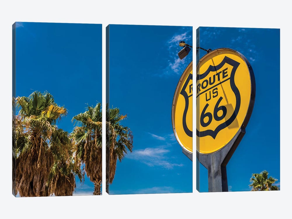 Yellow sign signifies Route US 66 - Nostalgia in middle of California Desert by Panoramic Images 3-piece Canvas Art Print