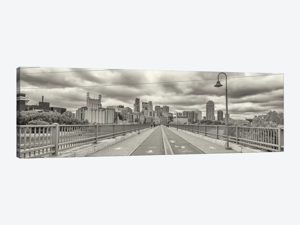 Stone Arch Bridge with buildings in the background, Mill District, Upper Midwest, Minneapolis, Hennepin County, Minnesota, USA by Panoramic Images 1-piece Canvas Artwork