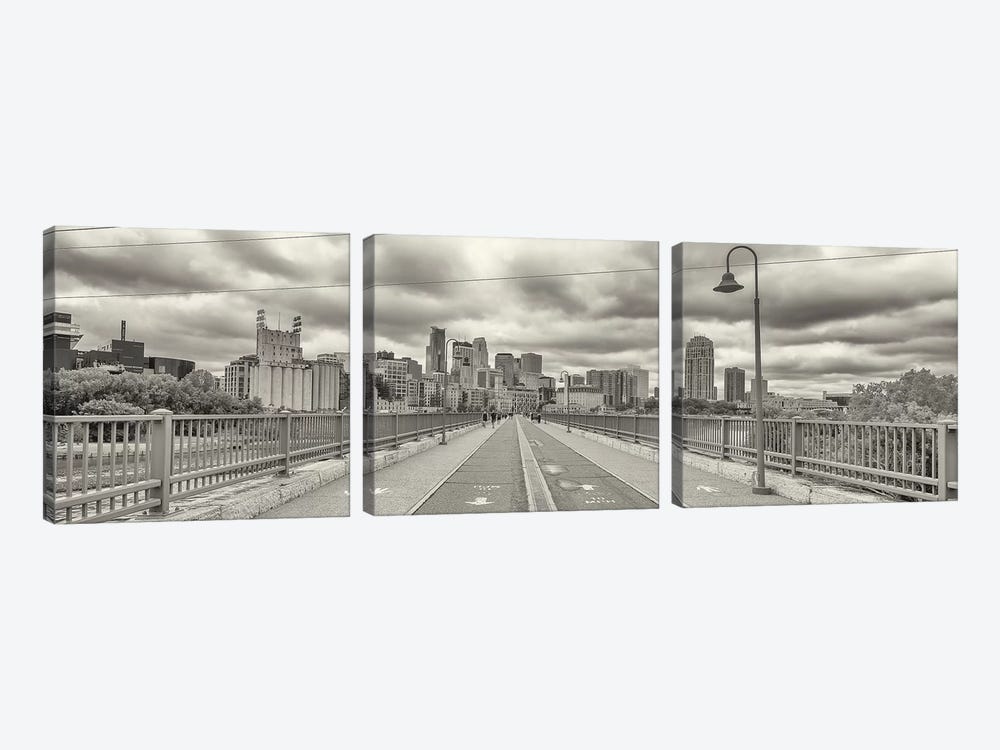Stone Arch Bridge with buildings in the background, Mill District, Upper Midwest, Minneapolis, Hennepin County, Minnesota, USA by Panoramic Images 3-piece Canvas Wall Art