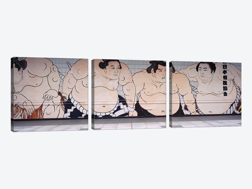 Sumo wrestling mural on a wall, Ryogoku Kokugikan, Ryogoku, Sumida Ward, Tokyo Prefecture, Kanto Region, Honshu, Japan by Panoramic Images 3-piece Art Print