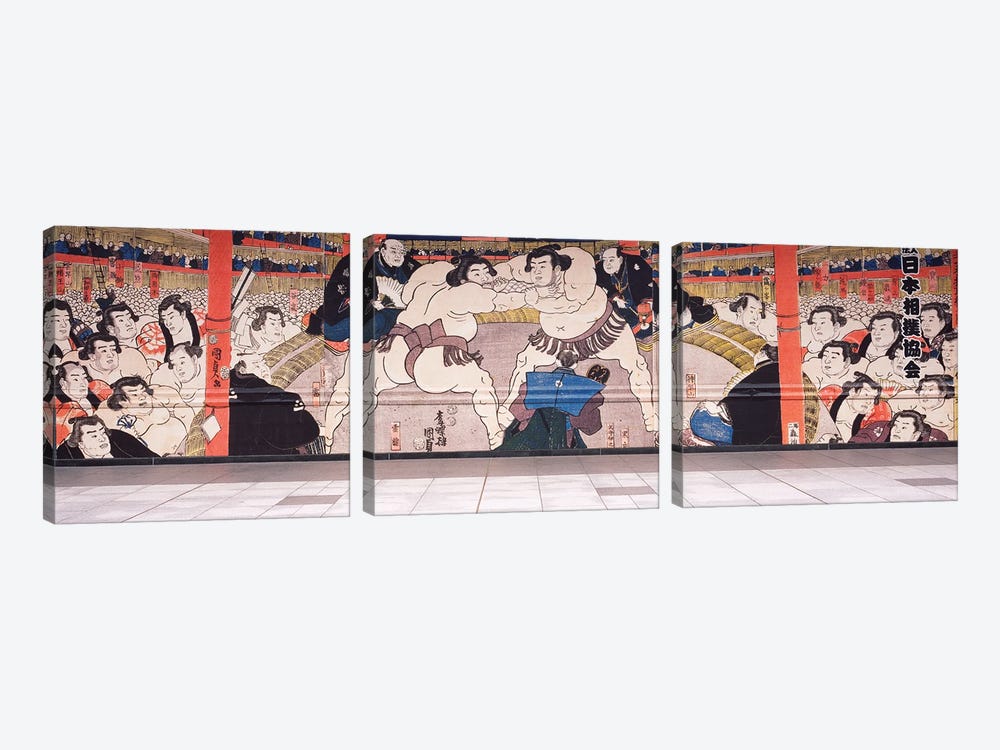 Sumo wrestling mural on a wall, Ryogoku Kokugikan, Ryogoku, Sumida Ward, Tokyo Prefecture, Kanto Region, Honshu, Japan by Panoramic Images 3-piece Canvas Wall Art