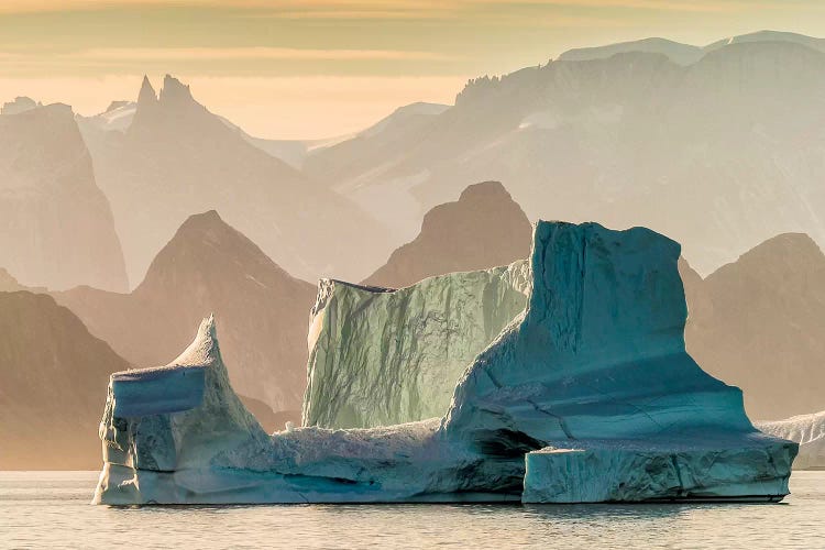 Sunset over Icebergs. Icebergs drifting in Scoresbysund, Sermersooq Municipality, Greenland