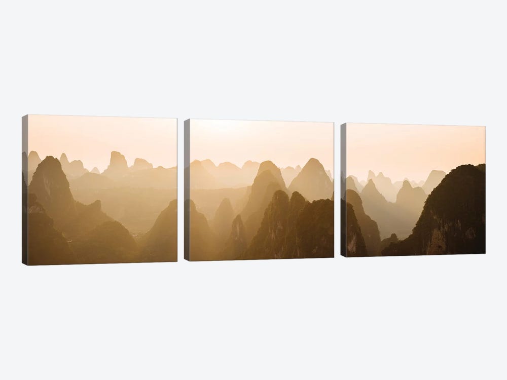Sunset over Karst Hills from Lao Zhai, Xingping, Guilin, Guangxi Province, China by Panoramic Images 3-piece Canvas Print