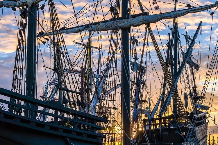 Tall ships against sky at sunrise, Rosmeur Harbour in Douarnenez city, Finistere, Brittany, France